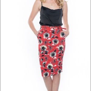 NWT red floral pattern pencil skirt with belt, midi length medium large